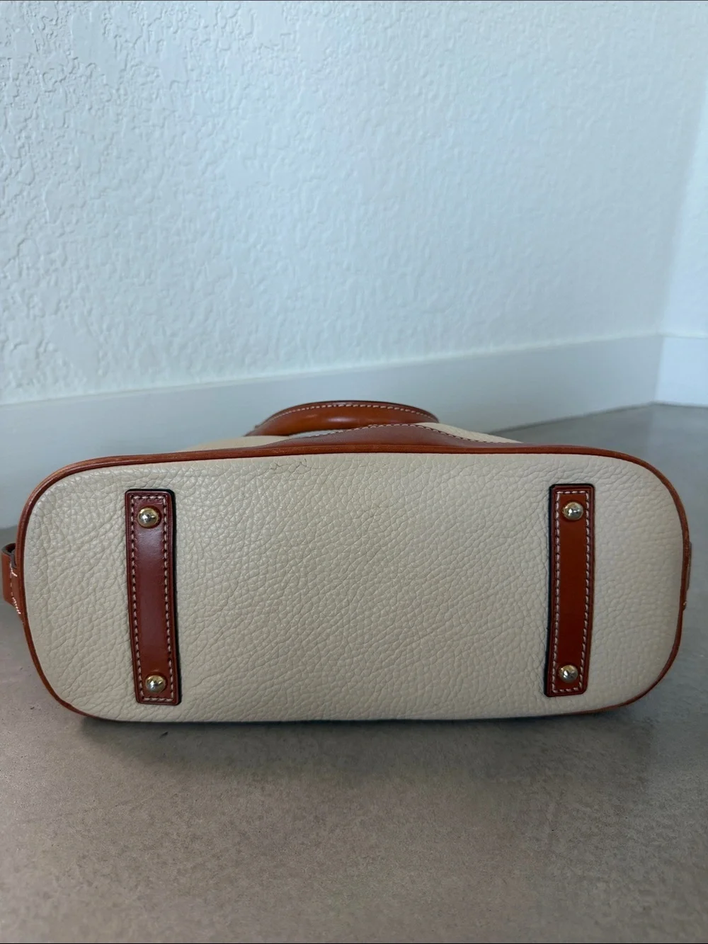 Dooney & Bourke Cream and Brown Pebbled Leather Satchel with Removable Strap